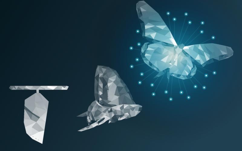 Polygonal illustration of a butterfly emerging from a cocoon representing digital transformation.