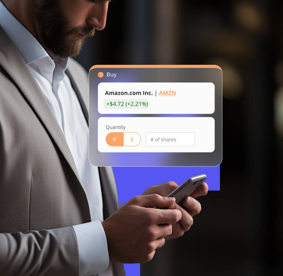 A man uses his smartphone with a FusionIQ overlay screen showing Amazon stock information