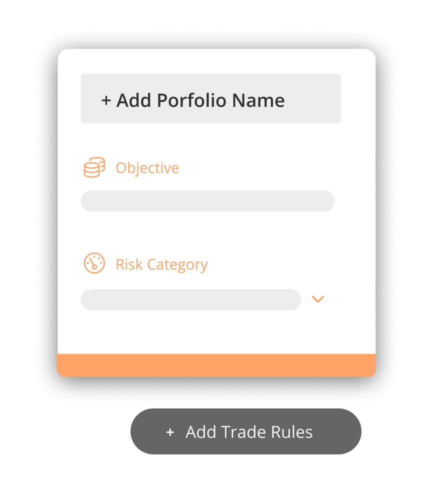 FusionIQ interface showing fields to add a portfolio name, objective, risk category, and trade rules.