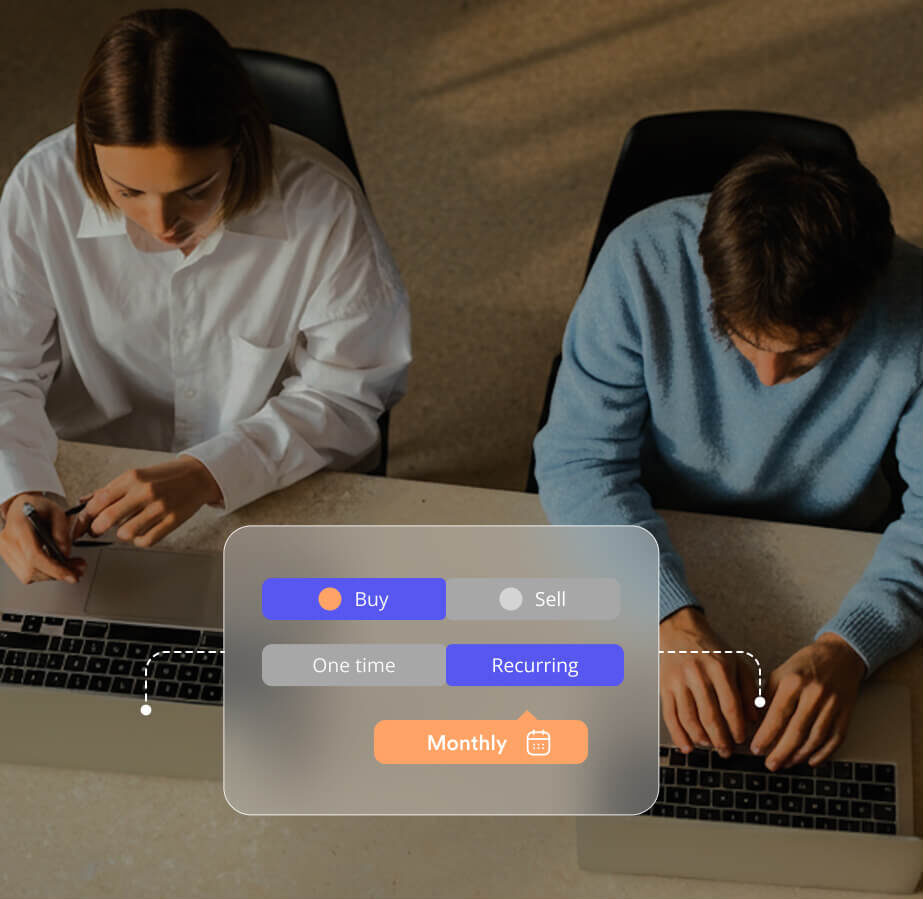 FusionIQ investing interface over employees using laptops, showing recurring monthly contribution tools.
